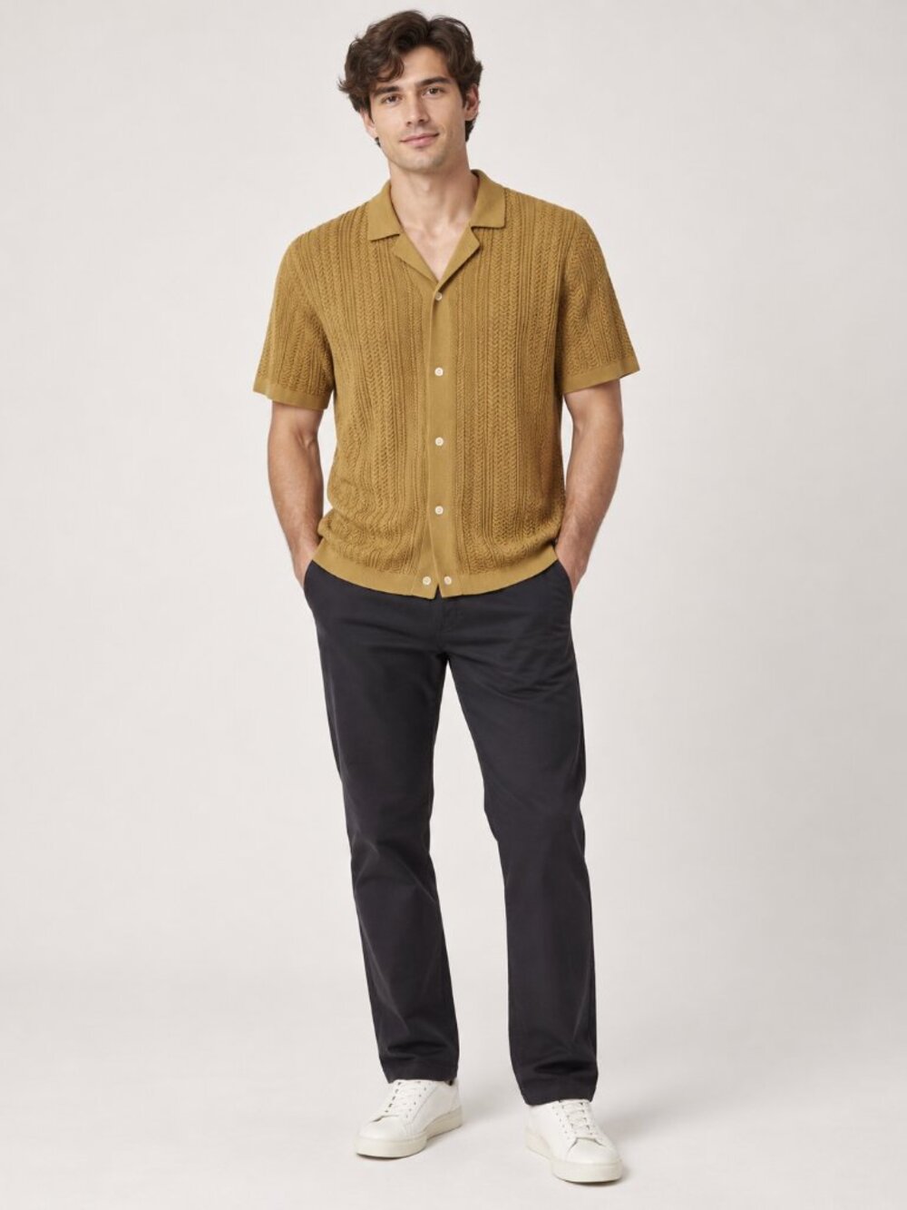 Abercrombie & Fitch XXL Mustard Cable Knit Button Front Sweater Polo Shirt
